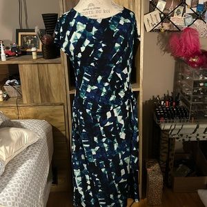 Merona Blue & Green Printed Stretch Dress - Medium